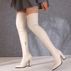 Large Size 48 Long Women Stretch Thigh High <b>Boots</b> 10cm Block Heels Shoes Pointed Toe Elastic Wide Fit for Big Leg - Product Image 2