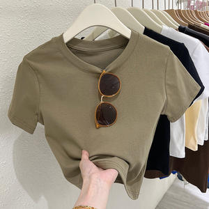 Top Estivo Aderente a Vita Alta Stile Americano, 210gsm 92% Cotone 8% Spandex, T-shirt a Maniche Corte Slim Fit, Crop Top da <span class=keywords><strong>Donna</strong></span> - Product Image 2