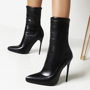 Botines de Tacón Alto Stiletto, Parte Superior de Gamuza Sintética Elástica, Botines Cortos Sexys para Mujer, Tacón Alto y Delgado, Talla Grande 48 - Product Image 6