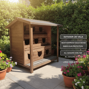 야외 방수 목재 고양이 집 사계절 애완 고양이 쉼터 정원용 - Product Image 3