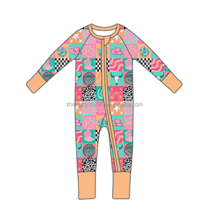 Individuelles Logo Baby-Jumpsuit neutraler Baby-Einteiler Bambus Western Denim bedruckt lange Ärmel Schlussverkauf <span class=keywords><strong>M</strong></span>ädchen Reißverschluss-Pjama - Product Image 1