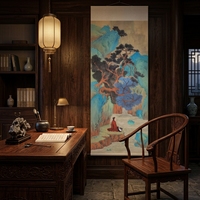 Parchemin de soie peint à la main, bleu-vert, art traditionnel chinois Gongbi Zen, paysage de pin avec savant méditant