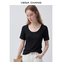 T-shirt noir à col rond et manches courtes VEGA CHANG pour femme, en tissu côtelé, coupe ajustée, tee-shirt basique décontracté, vente en gros