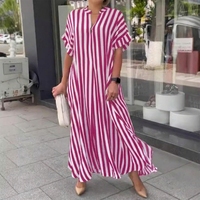 Gaun Kasual Wanita Musim Panas 2026, Bahan Tenun, Panjang Selutut, Lengan Pendek, Longgar, Model Gemuk, Merah Putih Bergaris, Serbaguna & Stylish