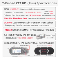 Carte de développement LILYGO T-Embed CC1101 Plus ESP32-S3+Sub-1G+2.4GHz Wi-Fi+BLE5 Module sans fil avec écran IPS 1.9 pouces et prise en charge NFC/IR