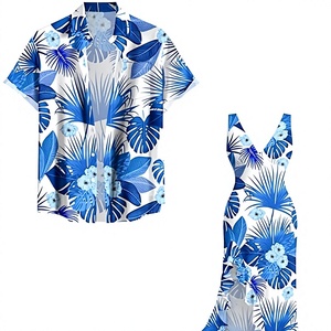Conjunto de Lujo para Parejas, Camisa y Vestido con Estampado Floral Azul, para Vacaciones en la Playa - Product Image 4