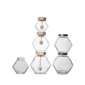 Glass Jars Suppliers KDG Brand Glassware Hexagon Flint Glass Honey Jar With Bamboo Lid Stir 100ml 280ml 380ml Glass Jars For Honey Wholesale
