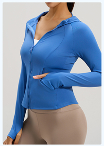 Damen Kapuzenjacke mit Reißverschluss, Seitentaschen, Daumenlöchern, Schlanke Kurze Schnelltrocknende Yoga-Laufjacke, Fitness-Mantel in 4 Farben Erhältlich - Product Image 2