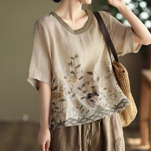 <span class=keywords><strong>T</strong></span>-<span class=keywords><strong>shirt</strong></span> Estiva da <span class=keywords><strong>Donna</strong></span> a Maniche Corte in Cotone <span class=keywords><strong>Lino</strong></span> Traspirante con Stampa Ricamo Industriale Pesante Vestibilità Regolare Stile Vintage - Product Image 3