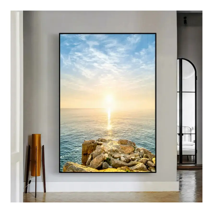 Modern deniz Sunrise Seascape tuval boyama plaj dalgaları posterler ve baskılar peyzaj duvar sanatı sundurma oturma oda duvar dekoru için