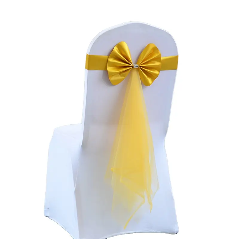 New High Quality Yellow Organza Satin Chair Sash With Bowknot Buckle For Ceremony Wedding Party Decoration