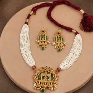 Gold Beaded Necklace and <b>Earring</b> Set with Pearl Strand Tassel Design for Wedding Ethnic Jewelry Women's\ - Product Image 2
