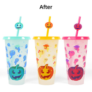 Vaso de Plástico Termocrómico con Cambio de Color de Calabaza de Halloween, Juego de 3 Vasos Novedosos con Pajita - Product Image 2