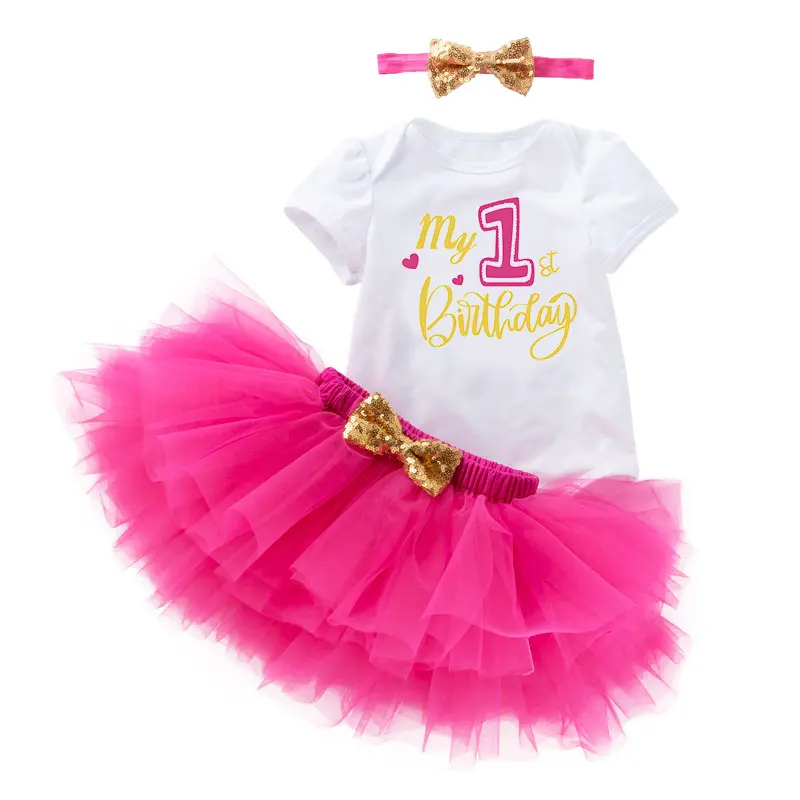 2023 Kleinkinder Mädchen 1 Jahr Baby Mädchenkleid Prinzessinnen-Outfit mit Kopfband DGHB-036