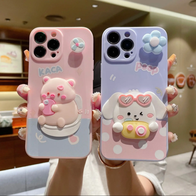 Wholesale Cute Dog Pig 3D Flower Silicone Mobile Phone Case for iPhone 16 15 14 Pro Max Cartoon Toy Tpu Shockproof Back Cover