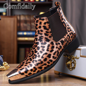 Bottines Chelsea pour homme Comfidaily à imprimé léopard, bout carré, en cuir véritable, à enfiler, tendance mode - Product Image 3