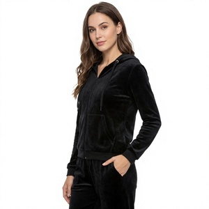 <b>Women's</b> <b>Black</b> 100% Cotton Solid Velour Autumn Tracksuit Set Hooded Zip-Up Front Logo <b>Jacket</b> and Sweatpants 2-Piece Outfit - Product Image 1
