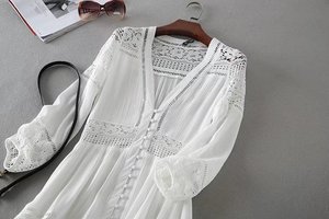 <span class=keywords><strong>Vestido</strong></span> playero <span class=keywords><strong>blanco</strong></span> con botones de empalme ahuecado de <span class=keywords><strong>encaje</strong></span> para vacaciones para mujer - Product Image 3