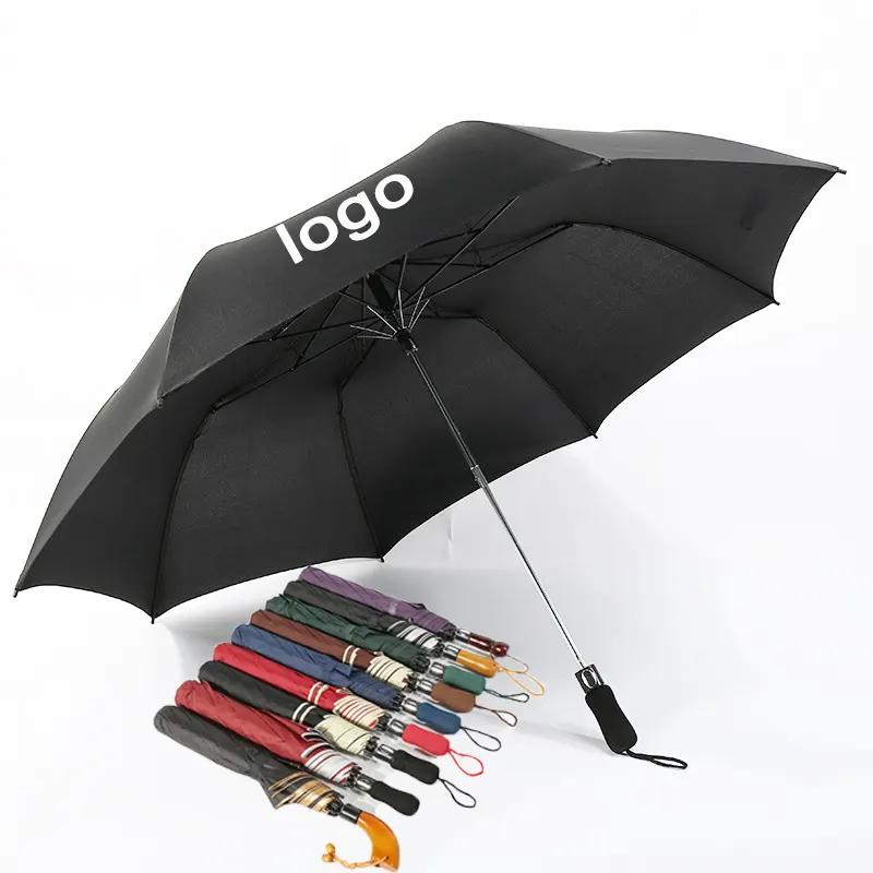 Payung Golf lipat, 2 payung tahan angin otomatis hujan portabel ringkas logo kustom desainer mode