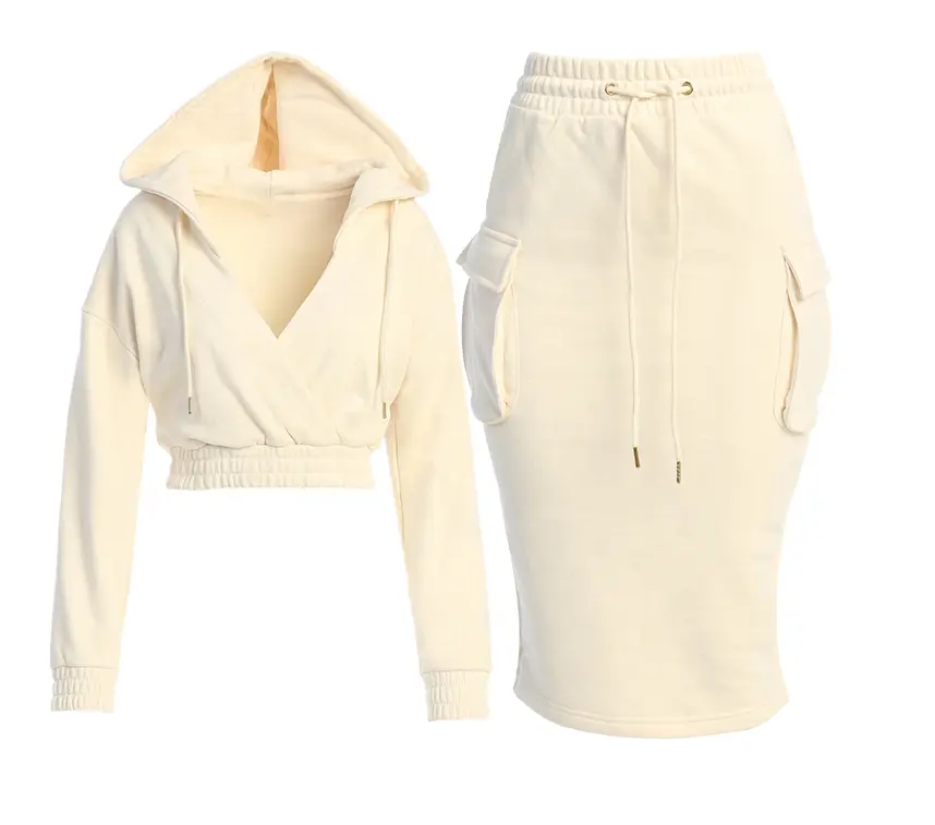 Conjunto de sudadera con capucha y logotipo personalizado para mujer, ropa de 2 piezas con falda de carga y falda midi