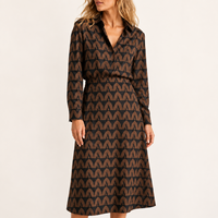 Rok Midi Wanita Grosir Pinggang Tinggi A-Line Batik Motif Geometris Cokelat Rok Kasual 2026 Musim Panas/Gugur/Dingin