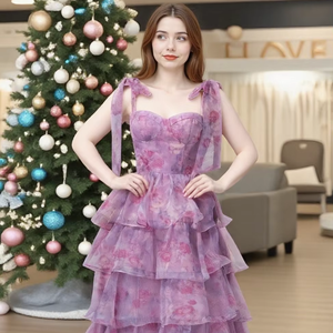 Romantique printemps et été <span class=keywords><strong>robe</strong></span> à licou florale sans manches hors de l'épaule à lacets en mousseline de soie longueur au sol avec taille naturelle - Product Image 1