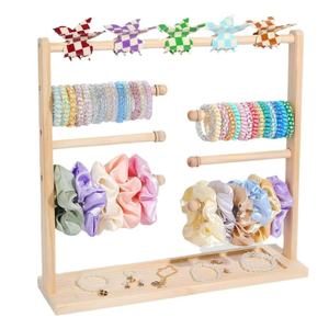 Support de rangement en bois pour chouchous, présentoir de bureau pour élastiques à cheveux pour femmes et filles avec plateau à bijoux, couleur naturelle - Product Image 5