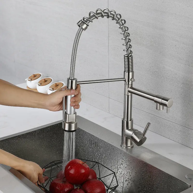 Dual Outlet Spouts 360 Swivel Handheld Shower Kitchen Mixer Chrome Spring Pull Down Kitchen Faucet