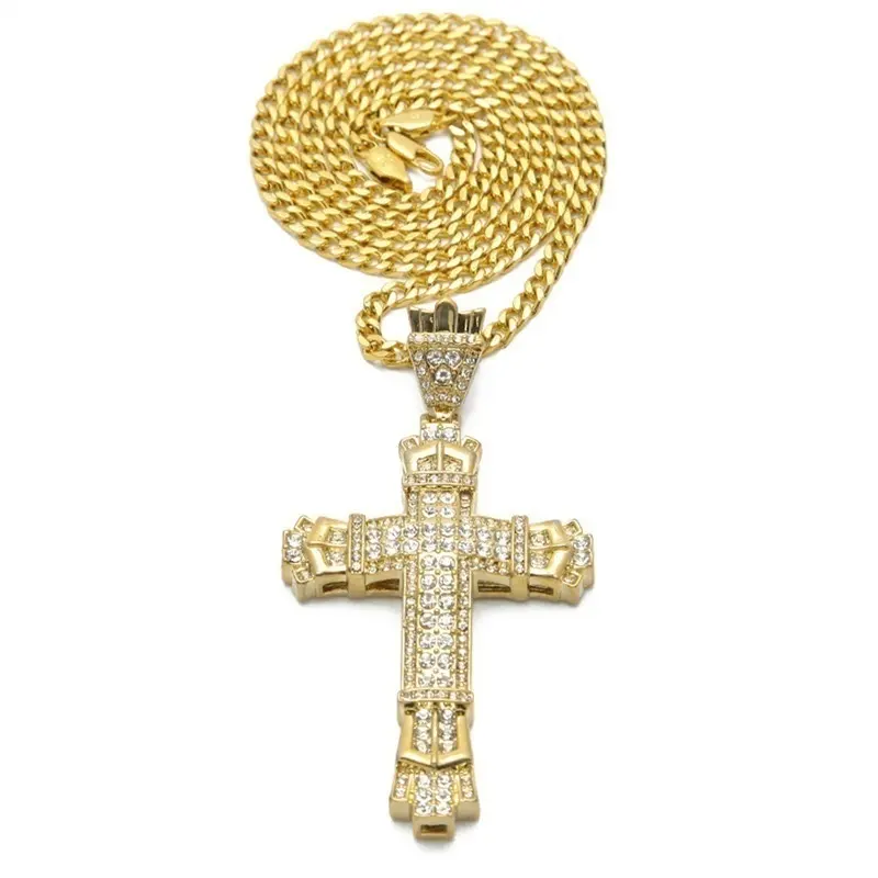 HipHop Iced Out Bling Bling Zircon Cross Nail Pendant 18K Gold Plated Pendant