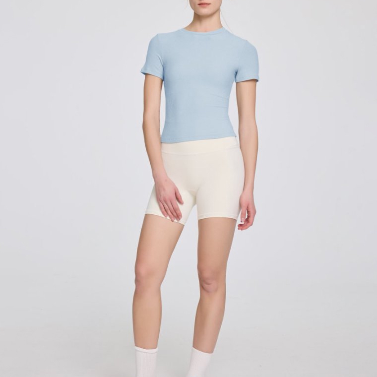 Wholesale Custom High Quality 4-way Stretch Women's Ribbed Slim Fit Crop Top Crew Neck Short Sleeve Yoga Training T-Shirt