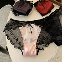 Braguitas de satén morado de lujo para mujer, con malla ondulada, sin costuras, sexys, de corte triangular, de talle bajo, con lazo decorativo, transparentes y totalmente transpirables, ropa interior íntima.