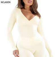 Haut de sport sexy à col en V croisé, léger, grande taille, manches longues, avec coussinets de poitrine amovibles, coupe courte, pour femme, vêtement de fitness