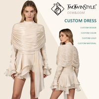 Robe Courte Décontractée Abricot Style Cape Drapée pour Femme, Col Rond, Manches Évasées, Ourlet Volanté, en Satin Brillant, Robe de Soirée Cocktail, Vente en Gros