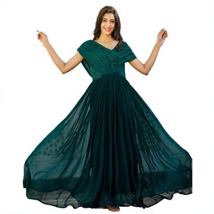 Vestido de Noche Largo sin Mangas de Georgette Verde Bosque con Lentejuelas, Estilo Vintage, para Fiesta Formal, Corte A, con Escote Redondo - Product Image 3