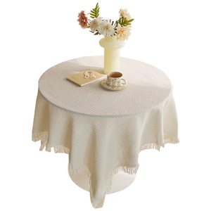 French Style Cotton Linen <b>Round</b> <b>Tablecloth</b> With Tassel Home Decor Washable Solid Color Waffle Texture Table Cover - Product Image 5