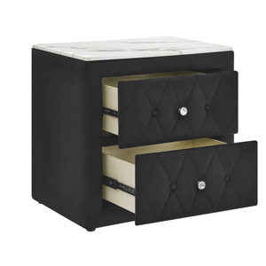Mesa de Noche Negra con Tapicería de Tela, Superficie de Imitación Mármol, Dos Cajones, Mueble de Madera para Dormitorio - Product Image 3