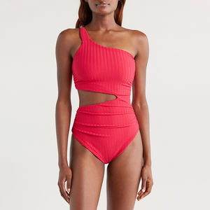 Traje de Baño Bikini para Mujer, Personalizado, de un Solo Hombro, con Abertura, a Rayas Blancas y Negras, Moderno, de una Pieza - Product Image 1