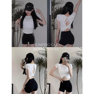 Camiseta de Yoga Ajustada para Mujer, Poliéster/Nailon, Negra, Cuello Redondo, Espalda Descubierta, Verano 2024, Ropa Deportiva Transpirable - Product Image 3