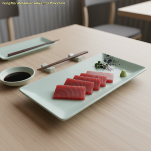 Assiette à dessert rectangulaire à rayures horizontales, impression effet porcelaine, mélamine plastique, style Japandi, écologique, gastronomique - Product Image 1