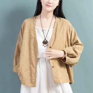 <b>Women's</b> Cotton <b>Linen</b> <b>Cardigan</b> Khaki Solid Color Loose Batwing Sleeve Breathable Outerwear Spring Summer Style - Product Image 1