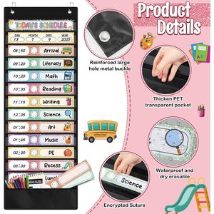 Daily Schedule Pocket Chart 31 Reusable Cards 14 Pockets Time Management Classroom <b>Decor</b> Back To School Vertical - Product Image 3