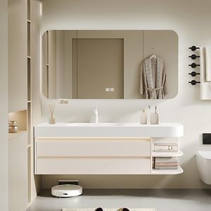 Meuble-lavabo mural blanc crème personnalisé avec double tiroir, étagère ouverte et armoire miroir LED intelligente anti-buée - Product Image 1