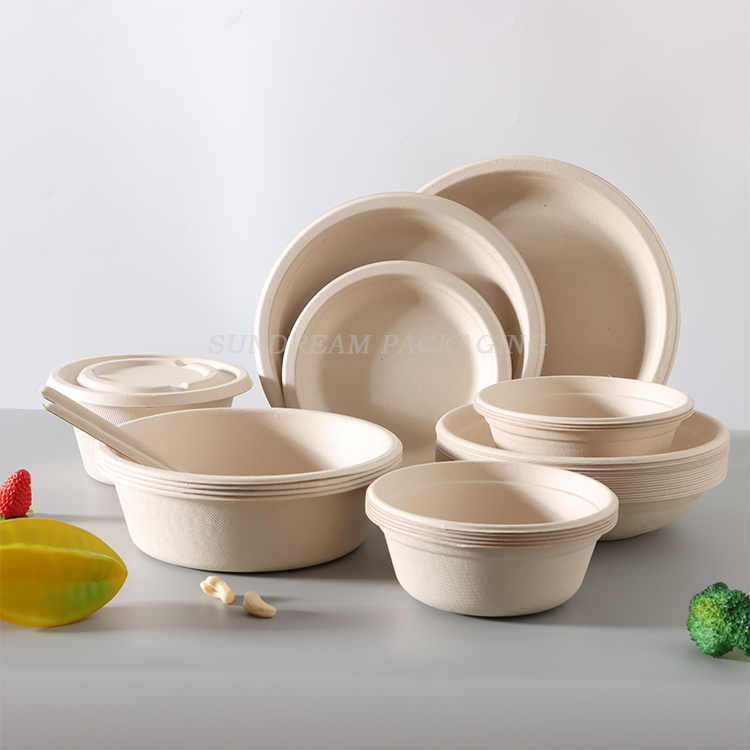 Disposable paper bowls Party cutlery Food grade plates household compostable barbecue box bagasse 16oz soup salad bowl
