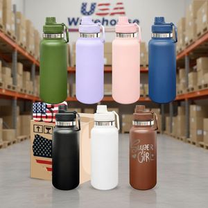 Leak Proof Double Wall Stainless Steel Powder Coated Tumbler <b>Reusable</b> Vacuum Insulated 32 oz Sports Water Bottle <b>with</b> Spout <b>Lids</b> - Product Image 1