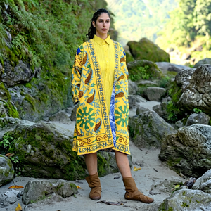 Ethically Handcrafted Yellow <b>Boho</b> Women Suzani Embroidered Long Jacket With Side Pockets Casual Outings Relaxed Fit Ladies Coat - Product Image 1