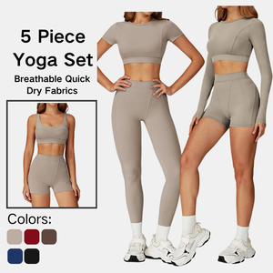 Ensemble de yoga complet pour femmes, ensemble de fitness cinq pièces, soutien-gorge ajustable, hauts courts, shorts taille haute, leggings de cheville, vêtements de sport - Product Image 1