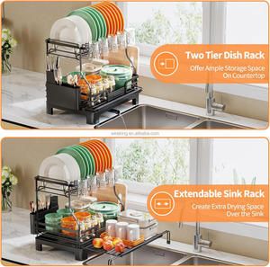 رف تجفيف أطباق من طبقتين قابل للتمديد من WIREKING، رف تجفيف أطباق مقاوم للصدأ مع لوح تصريف وحامل أدوات للمطبخ - Product Image 5