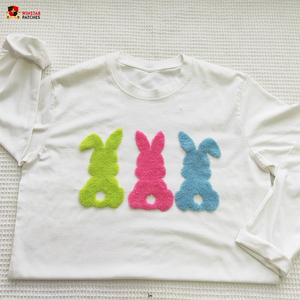 Pâques Nouveau Design Vente en gros Lapin personnalisé DTF Fluffy Puff Flock Fourrure de transfert de chaleur Chenille Découpé au laser Fer sur patchs pour vêtements - Product Image 5