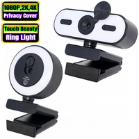 Webcam USB à mise au point automatique avec anneau lumineux tactile, caméra d'ordinateur HD 1080P/2K/4K avec micro et cache de confidentialité pour appels vidéo sur PC et ordinateur portable