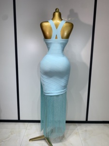 Abito da donna senza maniche, sexy, con scollo a V, con nappe, aderente, elegante, da sera, per feste, di alta qualità, per club, compleanno - Product Image 4